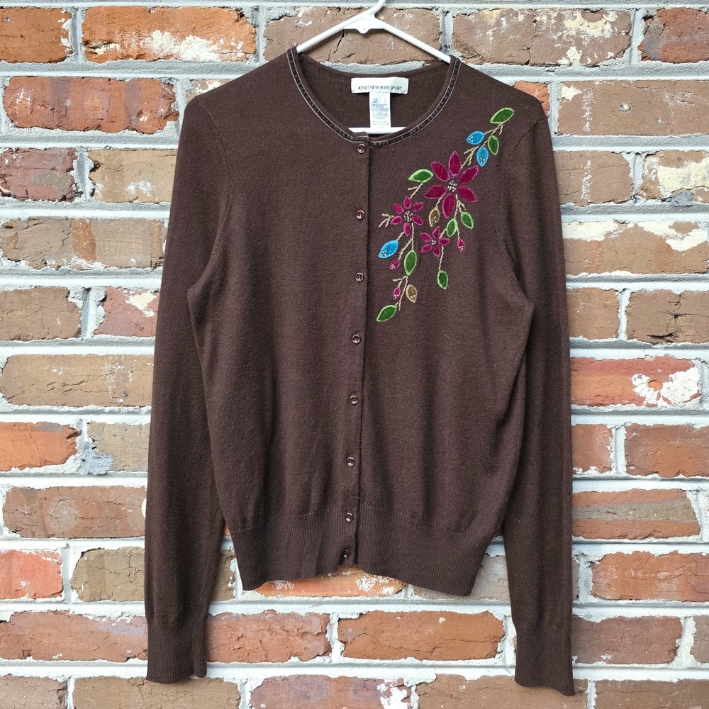 Jones New York Christmas Cardigan Size L Brown Poinsettia Embroidered Minimalist